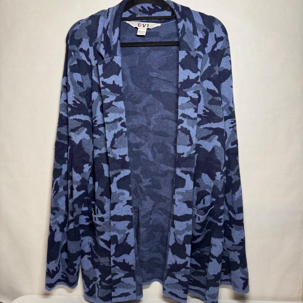 EV1 Women's Blue Army Camouflage Soft‎ Open Front Cardigan Sweater EUC XXL Ellen